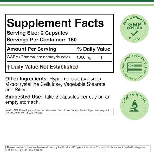 Vista 2 de Suplemento GABA (300 cápsulas, 1,000 mg por porción) promueve la calma, la relajación y apoya el sueño (vegano seguro, sin gluten, sin OMG