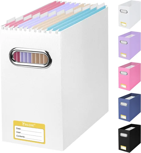 Vista 26 de BALEINE Caja organizadora de archivos, organizador de carpetas de archivos de cartón con asa para tamaño carta, caja de archivos plegable portátil