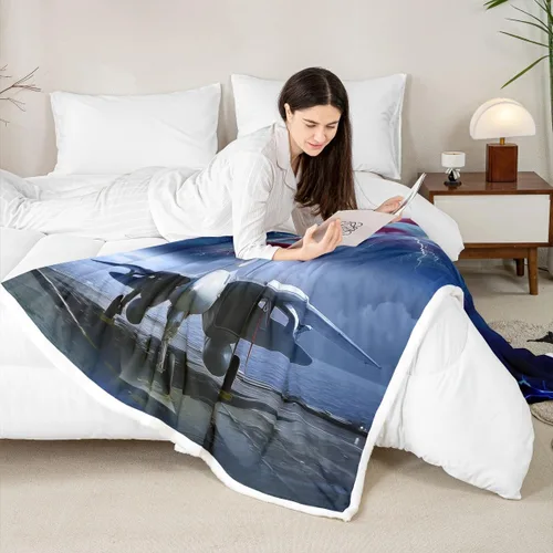 Vista 7 de Homewish Manta de avión 3D, mantas de bandera estadounidense para niños y adolescentes, manta de vellón con relámpagos brillantes y modernos, manta