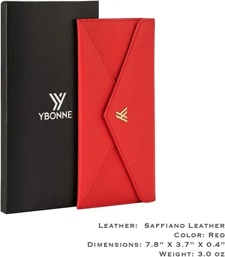 Vista 6 de YBONNE Cartera larga RFID que bloquea el bolso del sobre de las mujeres, hecho de cuero Saffiano (rojo)