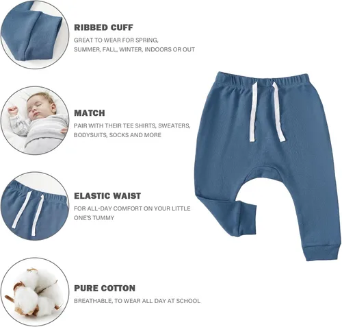 Vista 2 de SOBOWO Paquete de 3 pantalones deportivos para bebé recién nacido, harén de algodón, para niños y niñas, 0-3T entrelazados, 195 GSM