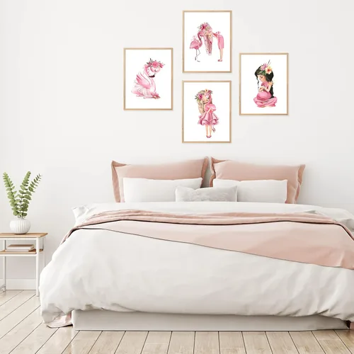 Vista 7 de Lienzo decorativo para pared de niña flamenco, cuadro rosa acuarela princesa floral decoración de animales para baby shower, baño, cuarto de bebé