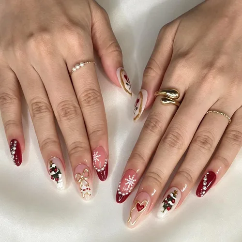 Vista 30 de Uñas postizas a presión de almendra, uñas postizas medianas con diseños de estampado francés de lámina dorada 3D, pegamento dorado Starlight en uñas