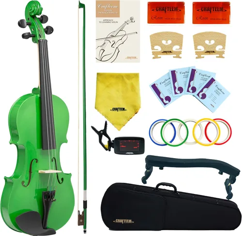 Vista 12 de CRAFTEEM 1/2 Conjunto de violín negro premium hecho a mano para principiantes, adultos y niños con cinta adhesiva para dedos de 5 colores - Violín