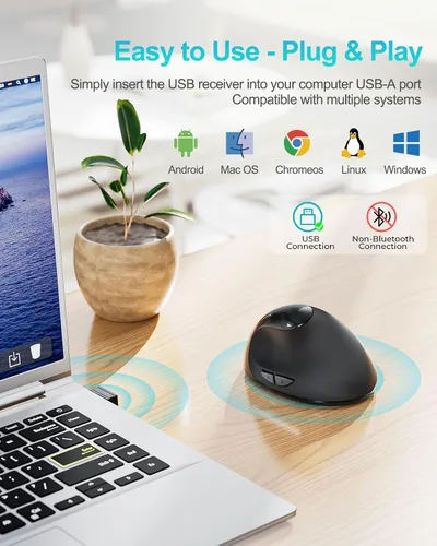 Vista 4 de Lekvey Ratón ergonómico, mouse inalámbrico vertical para manos pequeñas/medianas, recargable con receptor USB, 3 DPI para mayor comodidad, alivia