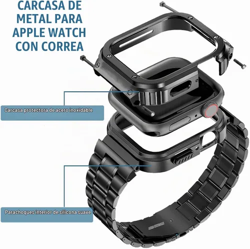 Vista 3 de MioHHR Correa de Acero Inoxidable para Reloj con Estuche Compatible con Correas de Apple Watch 40/41 mm, Correa Resistente con Cubierta Protectora