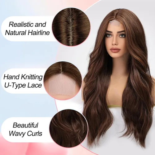 Vista 3 de EMMOR Peluca larga y ondulada marrón mixta para mujer, pelucas de encaje frontal, aspecto natural, 26 pulgadas, parte media, peluca rizada