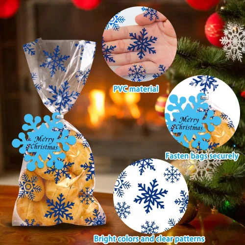 Vista 3 de Vellibring 120 piezas bolsas de celofán de Navidad, bolsas de copos de nieve de invierno, bolsas de plástico transparente para dulces y galletas