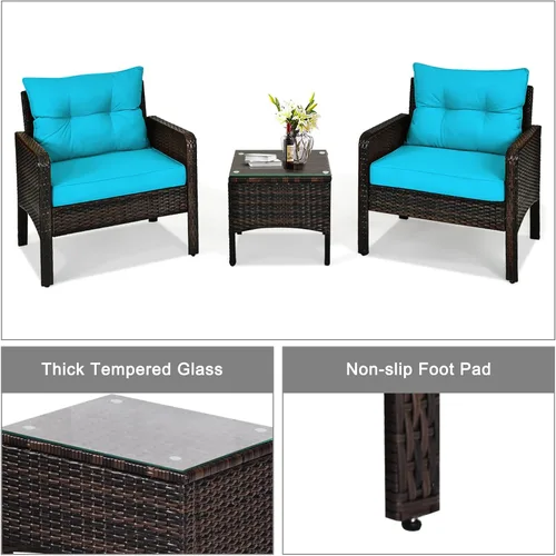 Vista 4 de KOTEK - Juego de muebles de patio de 3 piezas con cojines, turquesa