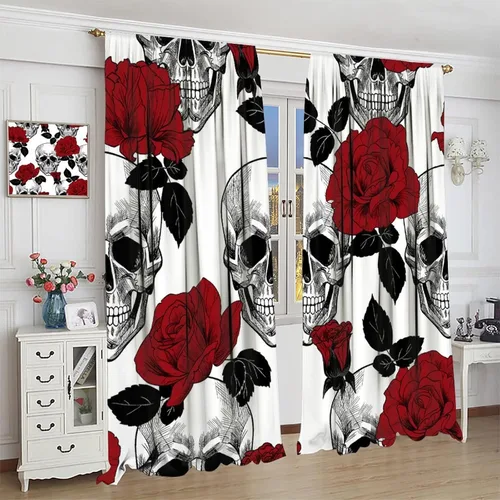 Vista 4 de Cortinas de cabeza de calavera, calavera blanca y rosas rojas con ramas y hojas negras, cortinas opacas decorativas para sala de estar, dormitorio
