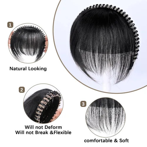 Vista 2 de Flequillo de cabello humano con clip, flequillo delgado con correa de diamantes de imitación, extensiones de cabello para mujer, flequillo plano