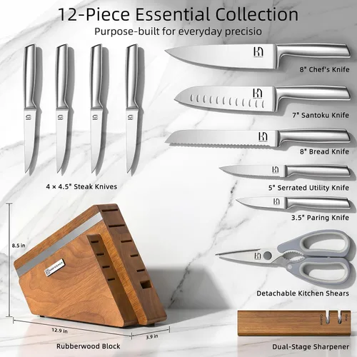 Vista 2 de KnifeSaga Juego de bloque de cuchillos de cocina, 12 piezas con afilador Juego de cuchillos de acero inoxidable de alto carbono japonés para cocina
