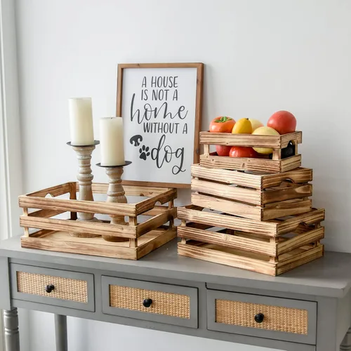 Vista 7 de Juego de 4 cajas de madera grandes decorativas con asas, cajas rústicas de madera de granja marrón para exhibición, organizador de cestas