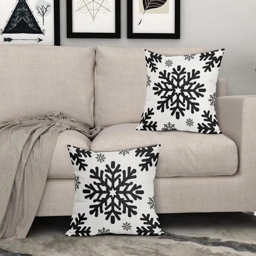 Vista 3 de Fundas de almohada decorativas de Navidad negras 40x40 cm con copos de nieve blancos de Navidad, juego de 2, temática rústica de invierno
