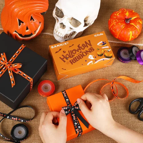Vista 4 de SANNIX 18 rollos de cinta de Halloween de 90 yardas, cintas de grogrén impresas de 3/8 pulgadas de ancho, tela de manualidades para decoración