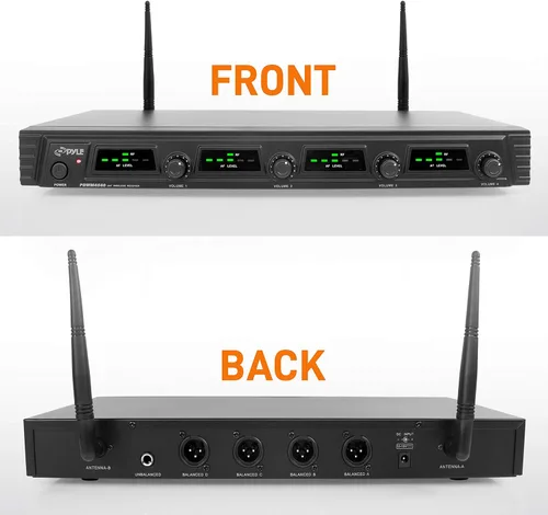 Vista 3 de Pyle Sistema de micrófono inalámbrico de 4 canales, juego de micrófono de audio UHF portátil con 2 de mano, 2 auriculares, 2 micrófonos Lavalier, 2