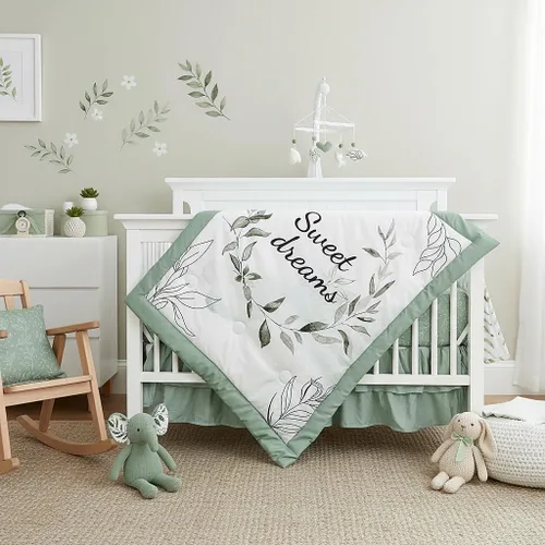 Vista 10 de Juego de ropa de cama de cuna de 4 piezas para niñas, juego de ropa de cama rosa para bebé niña con falda de cuna súper suave, edredón reversible