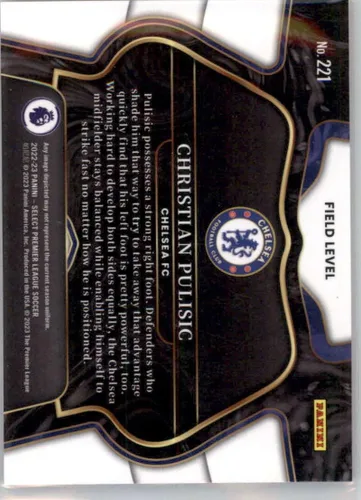 Vista 2 de 2022-23 Panini Select English Premier League #221 Christian Pulisic Chelsea FC Field Level Official EPL Soccer Trading Card in Raw (NM or Better)