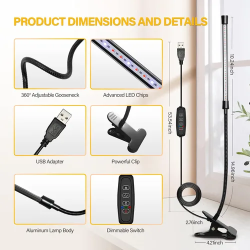 Vista 2 de iPower - Lámpara LED de crecimiento con espectro completo para plantas de interior, cuello de cisne ajustable, 2/3 modos de luz y 5/10 niveles