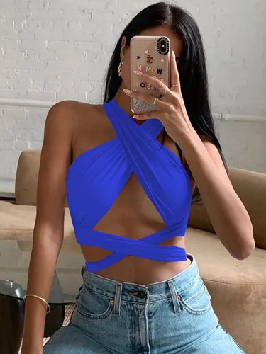 Vista 3 de ZAFUL - Ombliguera cruzada estilo halter de tejido acanalado para mujer camiseta sin mangas tipo con diseño fruncido y con lazos