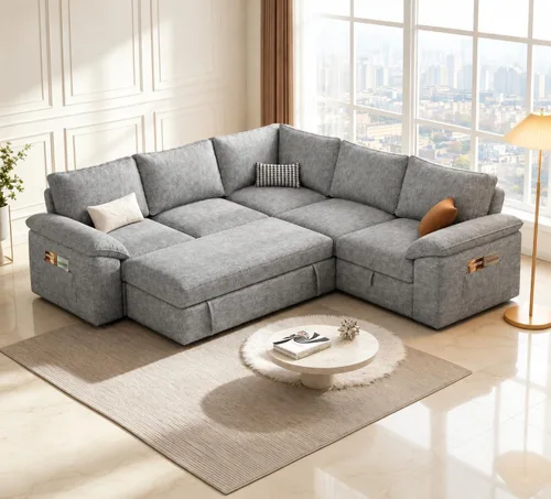 Vista 10 de Sofá modular de 85 pulgadas con cama extraíble, sofá modular de 5 asientos en forma de L con almacenamiento, sofás seccionales para sala de estar