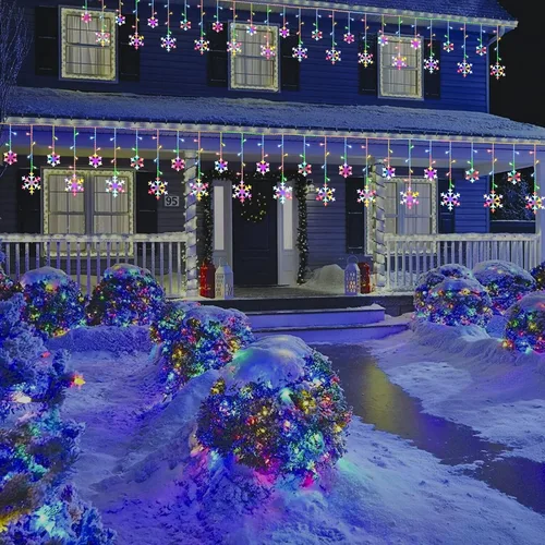 Vista 7 de Luces de copo de nieve de Navidad para exteriores, 17.22 pies, 264 luces LED de carámbano de copo de nieve con 22 gotas, 8 modos conectables
