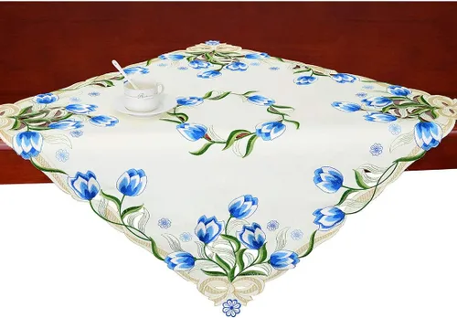 Vista 12 de Caminos de mesa pequeños bordados de tulipán, manteles florales de primavera para Pascua (azul, 13 x 35 pulgadas)