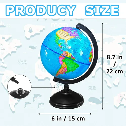 Vista 2 de Globo Geográfico Mundial de 6 Pulgadas, Globos Educativos para Niños con Soporte, Globos Decorativos Rotatorios del Mapa Mundial, Globo Político