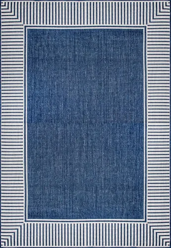 Vista 2 de nuLOOM Tapete de área para exteriores, diseño informal con borde a rayas, resistente a las manchas, altamente duradero, para patio, balcón, Azul
