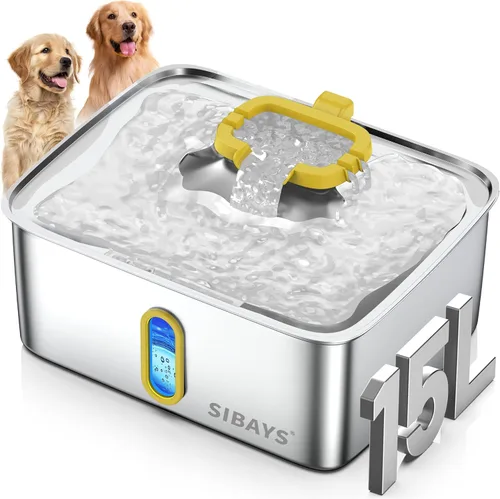 Vista 10 de SIBAYS Fuente de agua grande para perros de 4 galones/15 L, fuente de agua para mascotas de acero inoxidable con ventana de nivel de agua y luz LED
