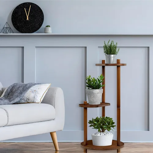 Vista 4 de JMLHMXC Soporte de bambú para plantas de interior y exterior, estante para plantas de 3 niveles, soporte de esquina alto para plantas para sala