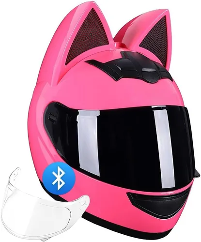 Vista 7 de Casco Bluetooth de motocicleta con orejas de gato, certificado DOT, casco de motocicleta de cara completa, lindos cascos de gato con visera HD