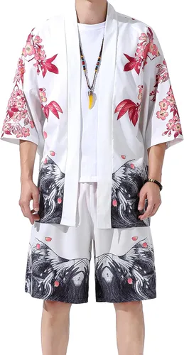 Vista 12 de PRIJOUHE Mens Kimono Two Piece Set Japanese Yukata Summer Beach Outfits