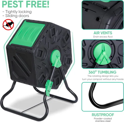 Vista 5 de Contenedor de compostaje giratorio con puertas correderas, contenedor de compostaje de una sola cámara, resistente para jardinería al aire libre