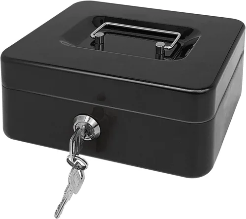 Vista 8 de Caja de efectivo de acero con cerradura de llave, organizador de dinero pequeño de metal con bandeja para dinero, caja de almacenamiento de efectivo