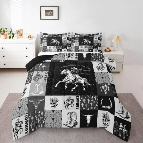 Vista 18 de Juego de edredón de vaquero individual, ropa de cama occidental para niños y hombres, ilustración dibujada a mano de caballo americano salvaje