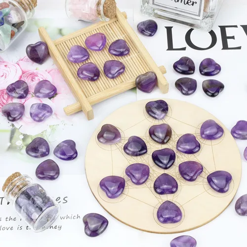 Vista 6 de 20 piezas de cristales de amatista, piedras curativas en forma de corazón, cristal pulido, morado natural, lindo bolsillo pulgar, reiki, juego al