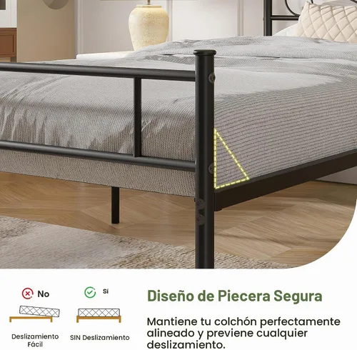 Vista 6 de VECELO Base de cama de plataforma de metal con cabecera y estribo, base de colchón de listones de acero, no necesita somier, individual, negro mate