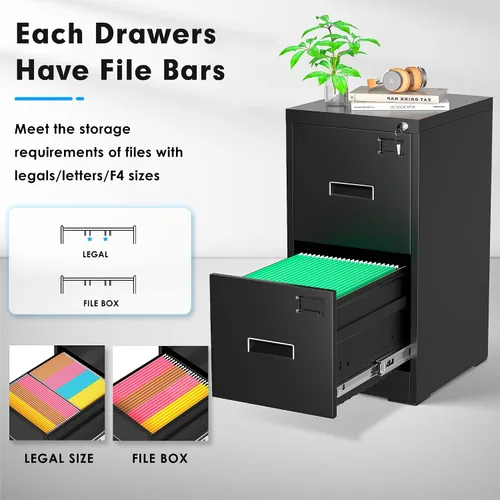 Vista 6 de Greenvelly Archivador Vertical de 18" D, Gabinete de 2 Cajones con Cerradura para Oficina en Casa, Metal Negro para Colgar Carpetas