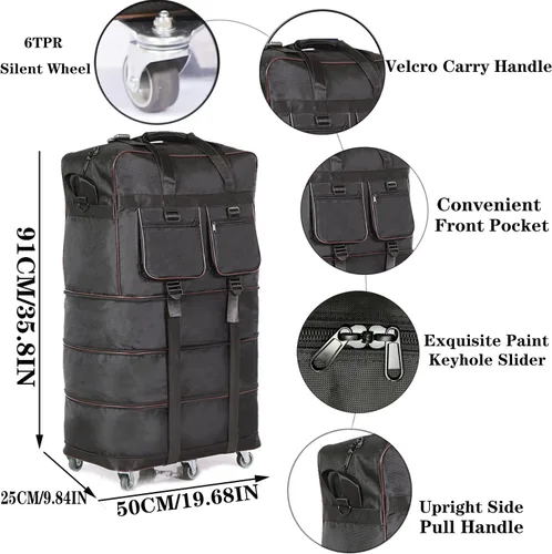 Vista 2 de ELDA Maleta plegable expandible con 6 ruedas silenciosas TPR bolsa de viaje plegable de gran capacidad para hombres y mujeres, Negro -, Ampliable