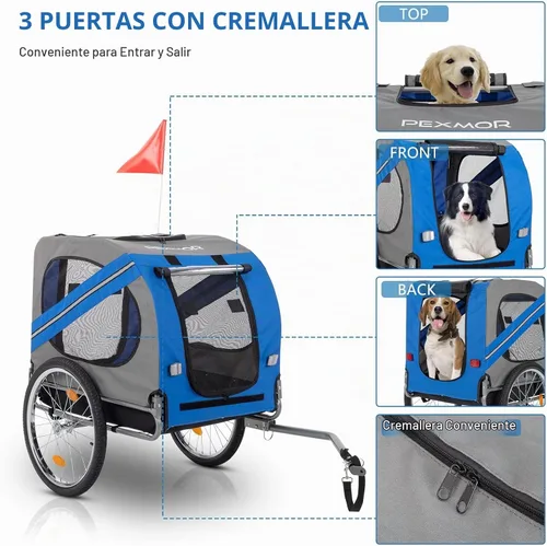 Vista 4 de PEXMOR Remolque de bicicleta para perros, carrito plegable para mascotas, carrito de remolque para bicicleta, carrito de carga con enganche Azul