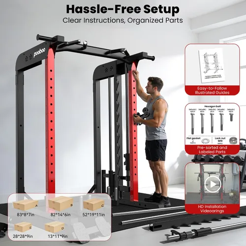 Vista 10 de pooboo Power Cage Smith Machine with 2000LB Squat Rack Cable System LAT Pulldown and Dual Pulley Cable Crossover with All-in-One Home Gym Machine