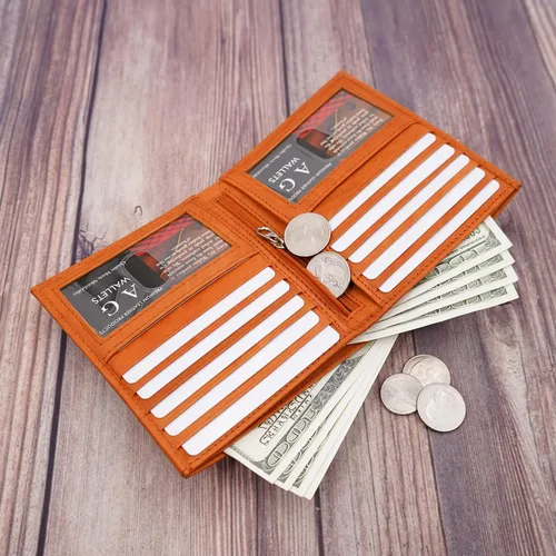 Vista 6 de ag wallets Billetera bifold europea de piel auténtica RFID para hombre, 2 ventanas de identificación, Bronceado mermelada, Cartera Rfid plegable Lage