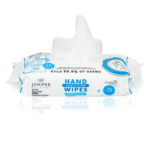 Vista 5 de Juniper CLEAN, 1 paquete de toallitas desinfectantes de manos, 72 toallitas desinfectantes de manos desechables, aroma fresco, sin pelusa y duraderas