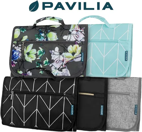 Vista 8 de PAVILIA - Neceser colgante para mujer y hombre, kit de viaje plegable organizador de artículos de tocador, bolsa de cosméticos enrollable, estuche
