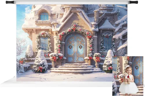 Vista 11 de Kate Telón de fondo de fotos de casa de campo de Navidad, fondo de puerta rosa, nieve blanca, árboles de Navidad, fondo de fotos, accesorios de 5