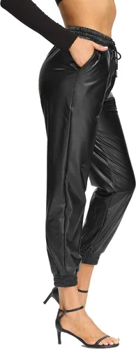 Vista 5 de V VOCNI Pantalones deportivos de piel sintética de cintura alta con control de abdomen grueso, adelgazantes, elásticos, color negro