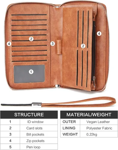 Vista 4 de BROMEN Cartera de cuero grande para mujer, soporte para teléfono con cremallera alrededor del bolso