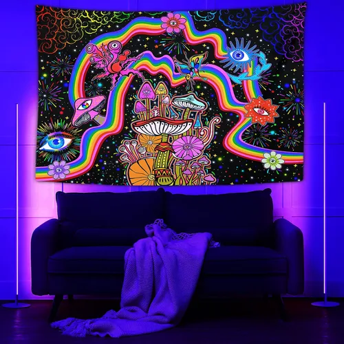 Vista 2 de NiYoung Tapiz Trippy para colgar en la pared, luz negra, arco iris, flores coloridas, ojos, estrellas, plantas mágicas, neón reactivo a los rayos