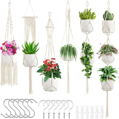 Vista 13 de SFENNGPET - Paquete de 6 perchas de macramé para plantas, juego de 6 perchas colgantes para plantas de interior con kit de 6 perchas hechas a mano